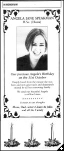 [Angela's Birthday Remembrance in local paper]